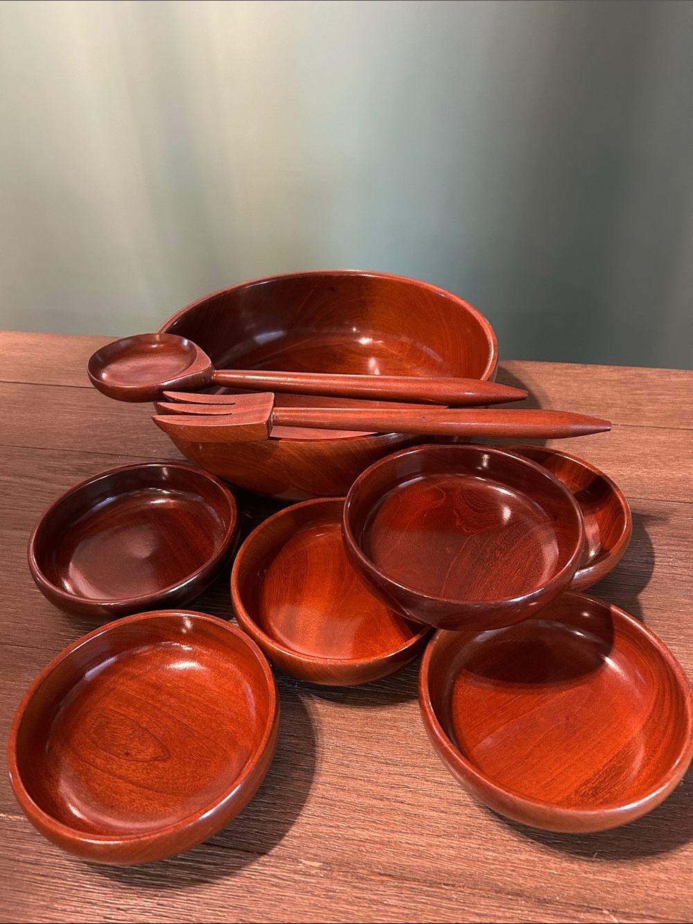 Mahogany salad bowls . 9 piece set MCM Santa Domingo Mahogany original labels